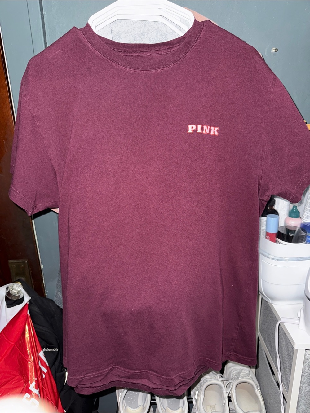 PINK Victoria's Secret Burgundy Short Sleeve Logo Tee